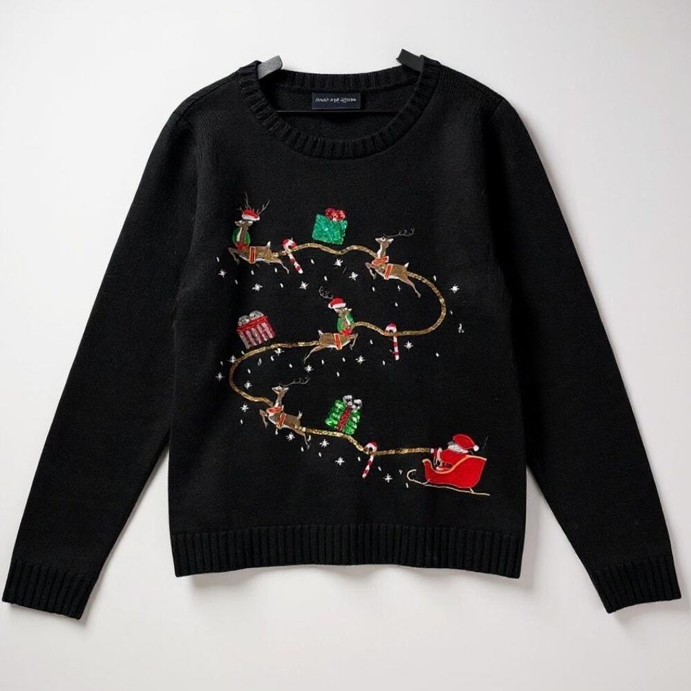 Karen Scott Women’s XL Black Christmas Pullover Sweater Holiday Embroidered NWT